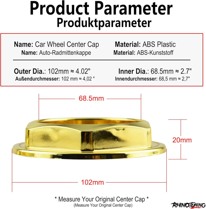 4 x 102mm Rad Nabenkappen Nabendeckel Radkappenclip Golden ABS-Kunststoff für 09.23.131 Gold OD 102m