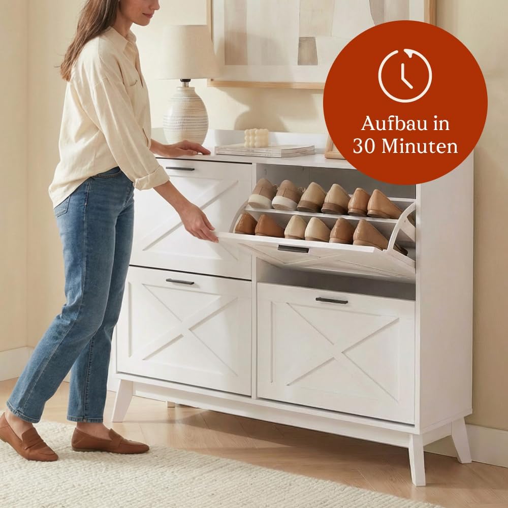 CASABEL Schuhschrank mit 4 Klappen, Fronten mit Kreuzmuster, Weiss, Funktionales Design, Grosse Kapa