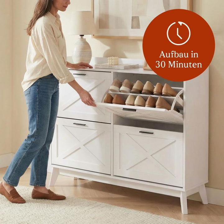 CASABEL Schuhschrank mit 4 Klappen, Fronten mit Kreuzmuster, Weiss, Funktionales Design, Grosse Kapa