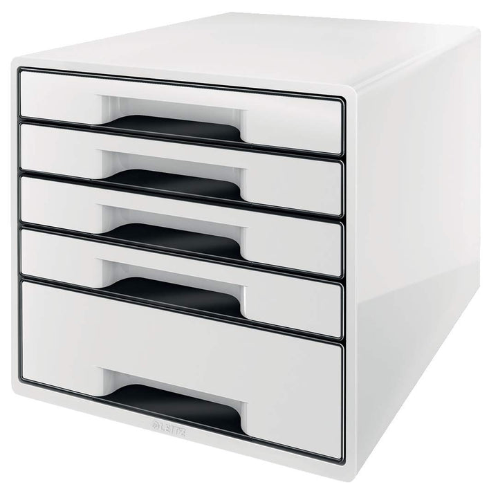 Leitz CUBE Schubladenbox mit 5 Fächern, A4, Inkl. transparentem Schubladeneinsatz, Weiss /Schwarz, W