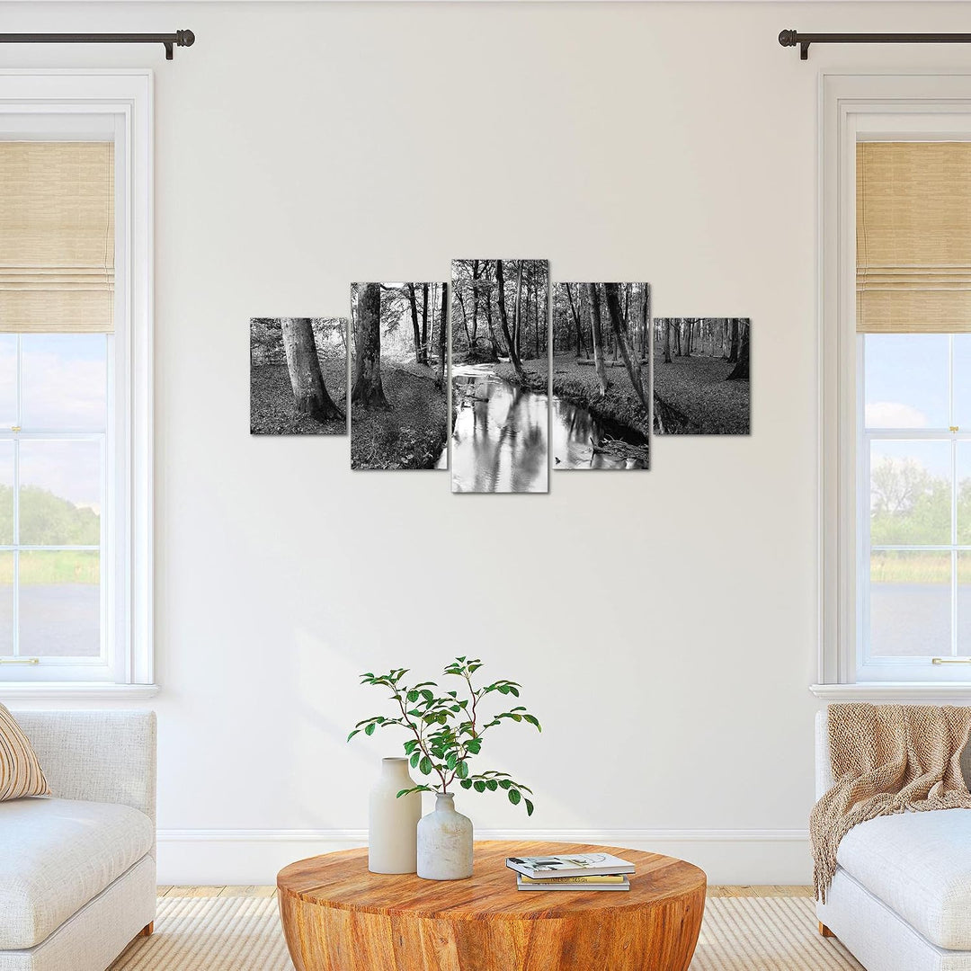 Runa Art Bild Schlafzimmer Wohnzimmer Wald Landschaft 5 Teilig Fluss Grau Wandbilder auf Vlies Leinw
