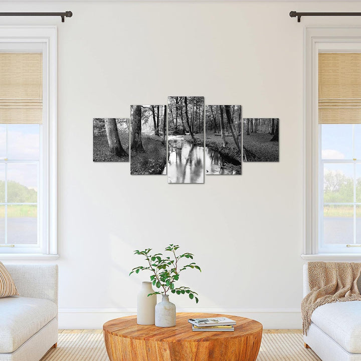 Runa Art Bild Schlafzimmer Wohnzimmer Wald Landschaft 5 Teilig Fluss Grau Wandbilder auf Vlies Leinw
