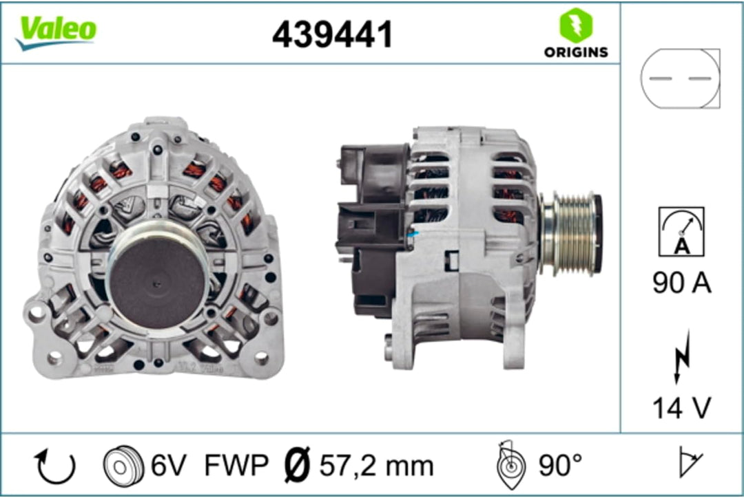 VALEO 439441 Generator Ladestrom des Generators: 90 Amp Rippen: 6 rippen Riemenscheibe Ø: 57,2 mm Sp