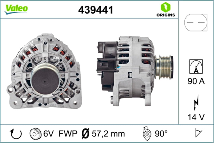 VALEO 439441 Generator Ladestrom des Generators: 90 Amp Rippen: 6 rippen Riemenscheibe Ø: 57,2 mm Sp
