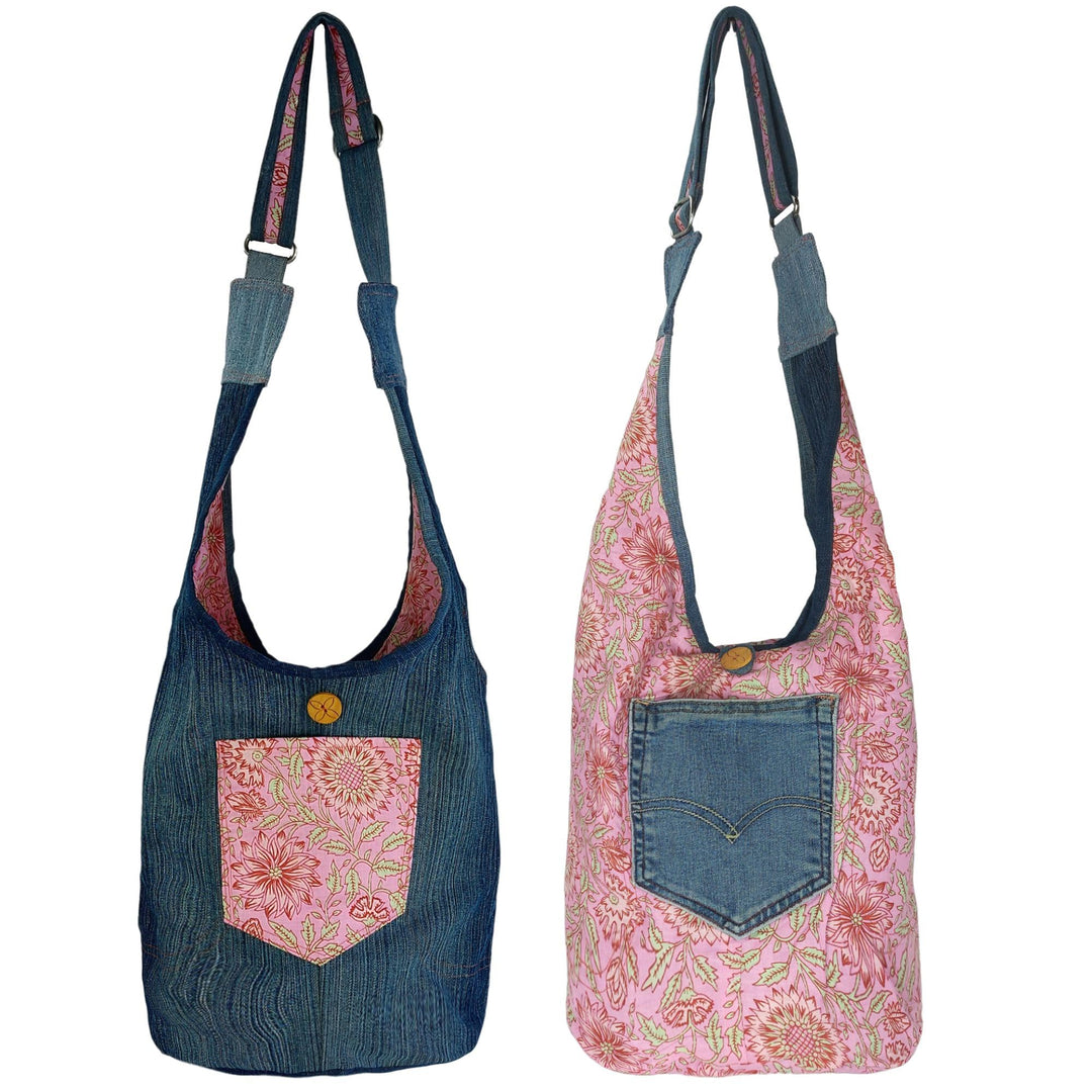 Sunsa Damen nachhaltige Hobo Tasche. Umhängetasche aus recycelte Jeans &amp; Baumwolle. Boho Blumig Cros