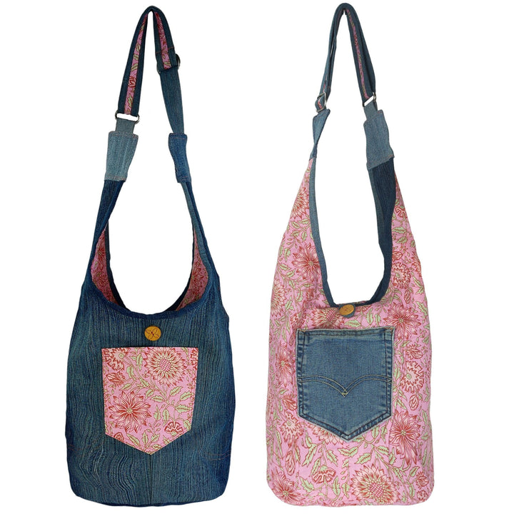 Sunsa Damen nachhaltige Hobo Tasche. Umhängetasche aus recycelte Jeans &amp; Baumwolle. Boho Blumig Cros