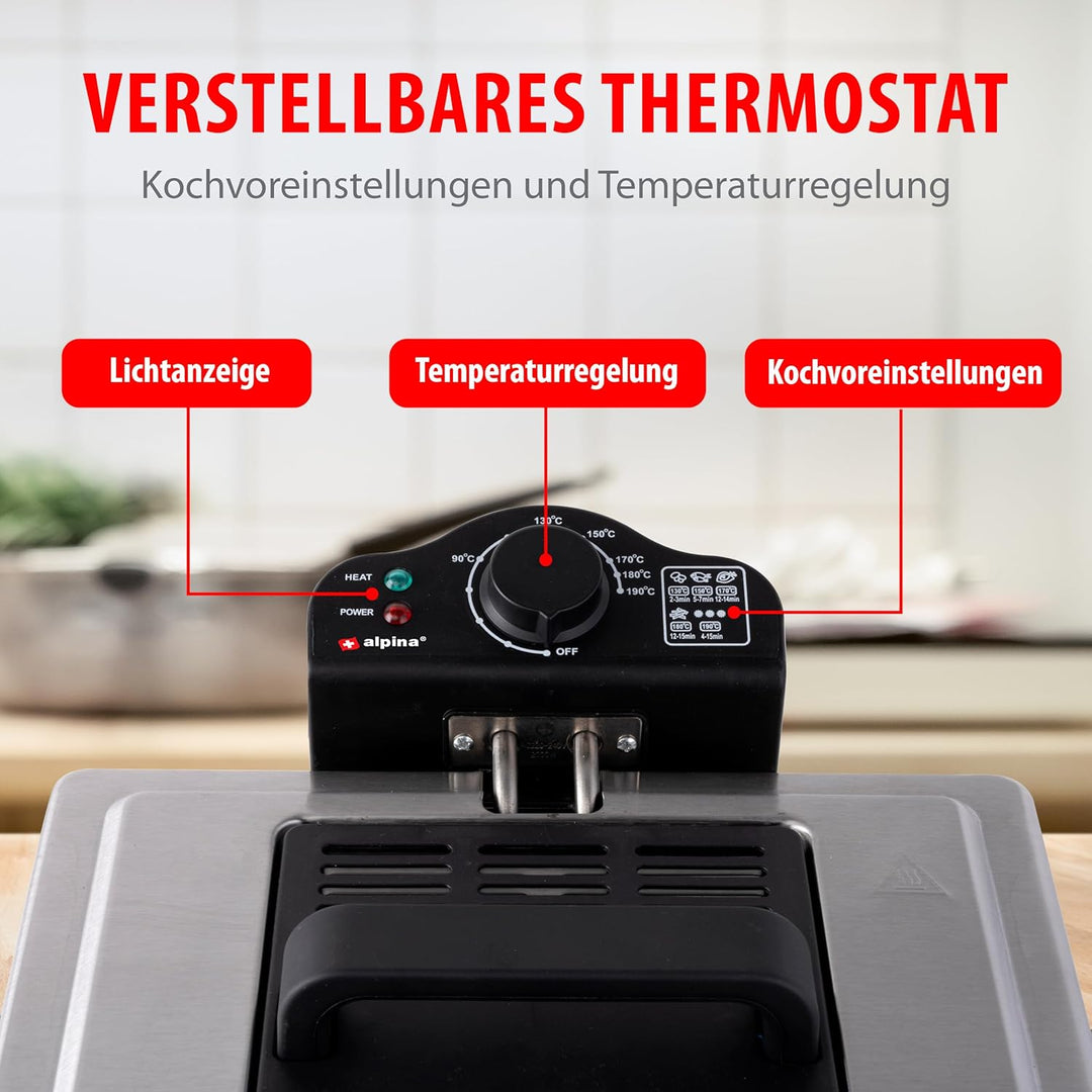 alpina Fritteuse - 3 Körbe - 5 Liter - 2000 Watt - Thermostat bis 190 °C - Anti-Heizung - Edelstahl