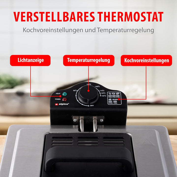 alpina Fritteuse - 3 Körbe - 5 Liter - 2000 Watt - Thermostat bis 190 °C - Anti-Heizung - Edelstahl