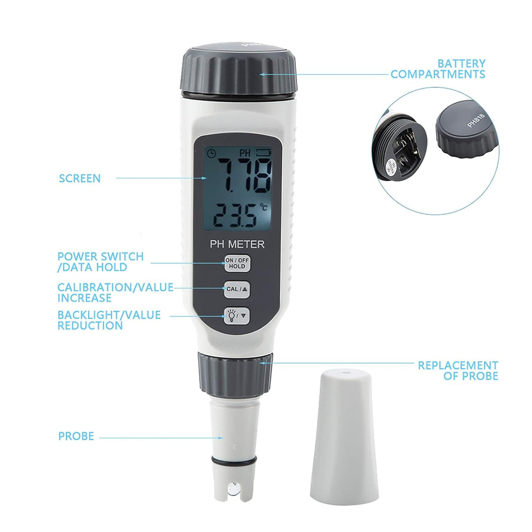 Digitaler pH-Meter für Aquarium, Präziser Wasserqualitätstester mit Temperaturkompensation, Professi