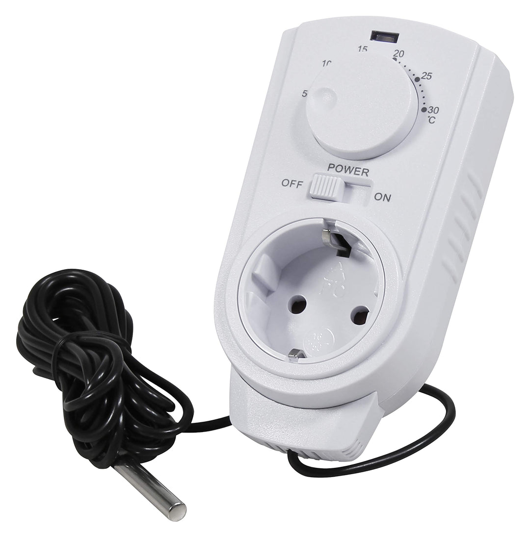 Analoges Steckdosen Thermostat 230V mit externem Fühler und langem Kabel, Zur Steuerung für Heiz und