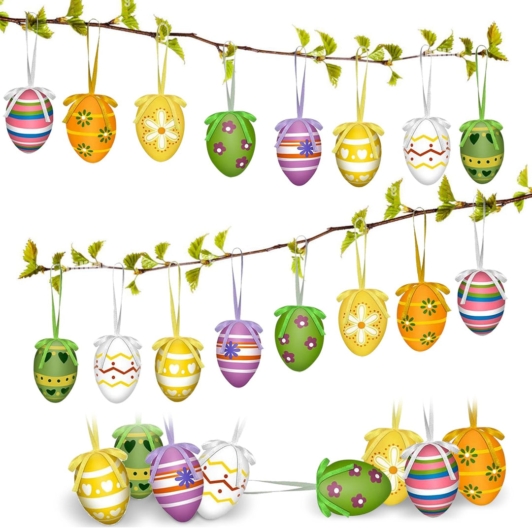 Ostereier zum Aufhängen, 24 Bunte Ostereier aus Kunststoff zum Aufhängen, Osterdeko Ostereier mit To