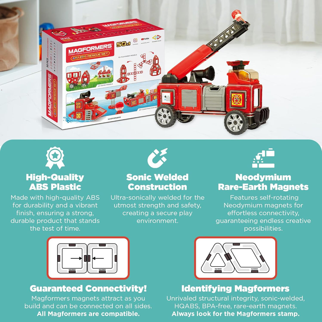 Magformers Fire Engine And Rescue Vehicle Set. Firefighters Magnetic Building Blocks Toy. Makes Over