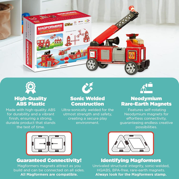 Magformers Fire Engine And Rescue Vehicle Set. Firefighters Magnetic Building Blocks Toy. Makes Over