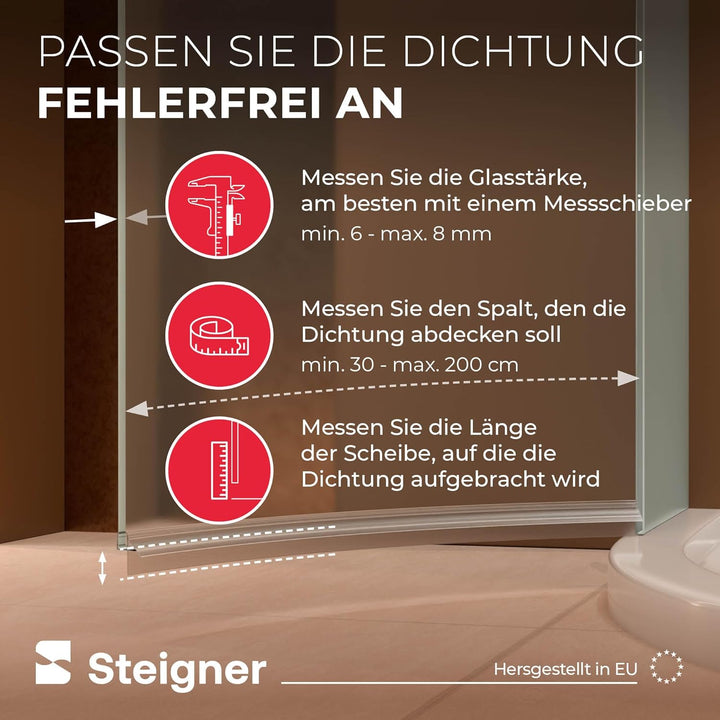 STEIGNER Duschdichtung, 140cm, Glasstärke 6/7/ 8 mm, Vorgebogene PVC Ersatzdichtung für Runddusche,