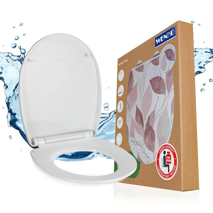 WENKO WC Sitz Mod. Pula, Toilettendeckel mit Absenkautomatik, Relief-Druck und Blätter-Motiv, hohe B