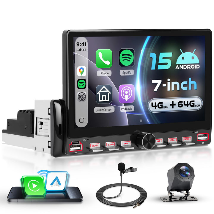 VECHTEL 4G+64G Android 15 Klaviertasten Autoradio 1 Din, 7'' IPS HD Touchscreen mit Drahtlos Carplay