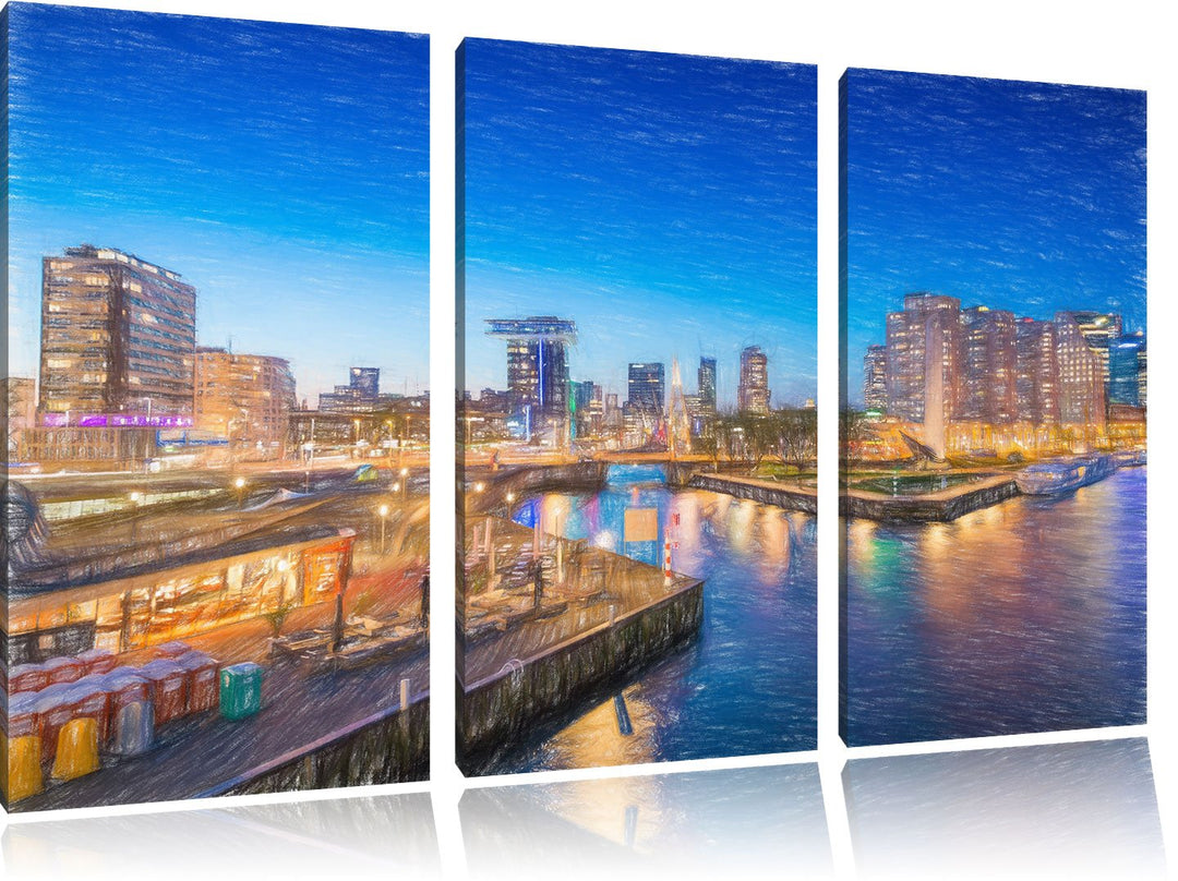 Pixxprint Atemberaubender Ausblick auf Rotterdam Bunstift Effekt 3-Teiler Leinwandbild 120x80 Bild a