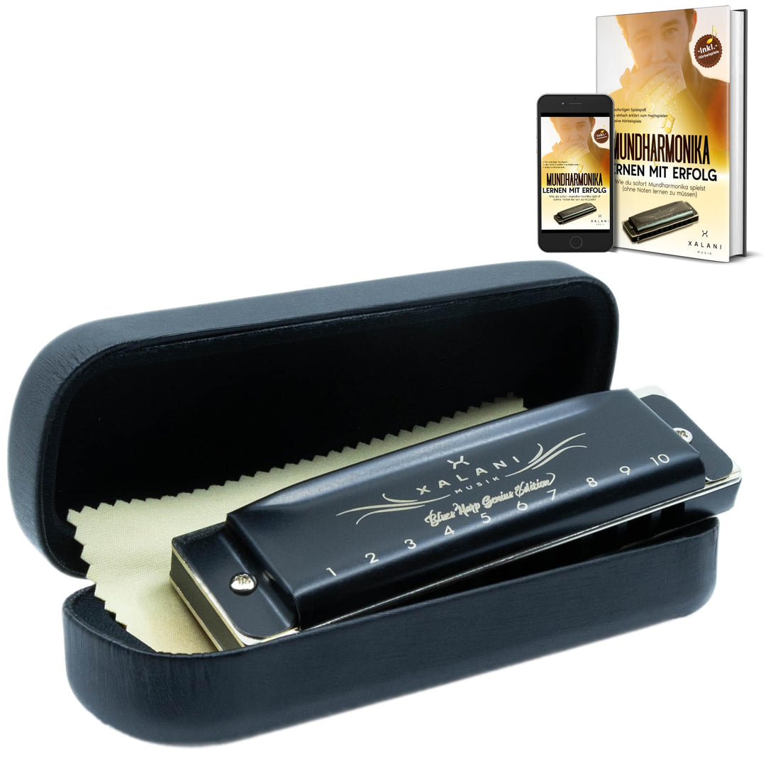 XALANI Mundharmonika Genius Edition inkl. Etui und Pflegetuch I Bonus: E-Book gratis I G-Dur Blues H