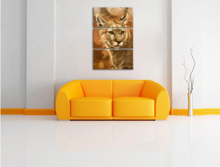 Pixxprint schöner Berglöwe Kunst Pinsel Effekt 3-Teiler Leinwandbild 120x80 Bild auf Leinwand