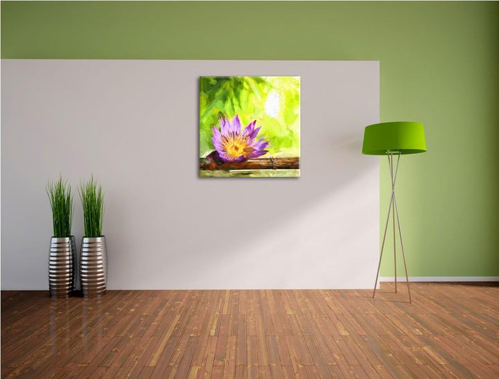Pixxprint Zierliche Seerose auf Bambus, Format: 70x70 auf Leinwand, riesige Bilder fertig gerahmt mi