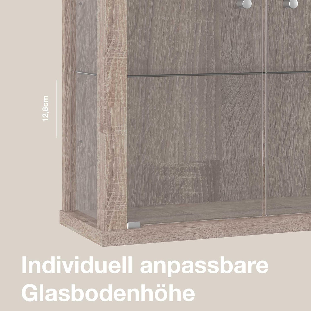 K-Möbel Hängevitrine Glas in Sonoma Eiche (80x60x25 cm) mit 2 höhenverstellbaren Glasböden - Modella