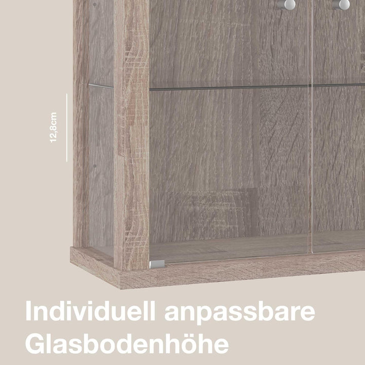 K-Möbel Hängevitrine Glas in Sonoma Eiche (80x60x25 cm) mit 2 höhenverstellbaren Glasböden - Modella