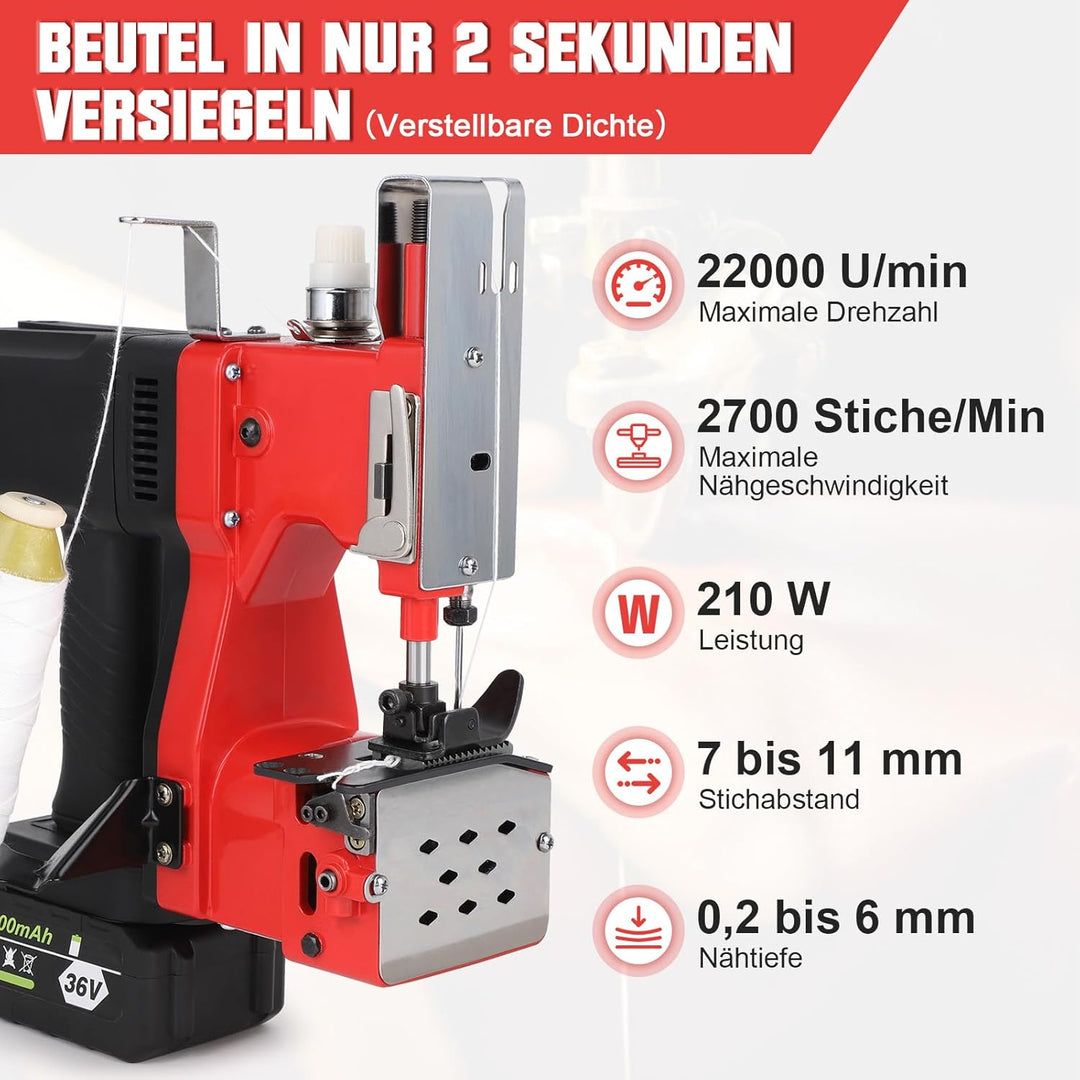 Elektrisch Sacknähmaschine Tragbare mit Akku, 210W Akku Sacknähmaschine, Elektrische Beutelverschlie