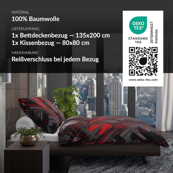 LARAWELL Bettwäsche 135x200 Baumwolle ganzjahres Bettwäsche-Sets rot grau abstrakt geometrisch Premi