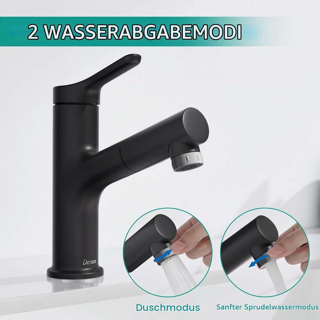 DETBOM Wasserhahn Bad mit Ausziehbar Brause, Armatur Badezimmer mit 2 Strahlarten, Einhebelmischer W