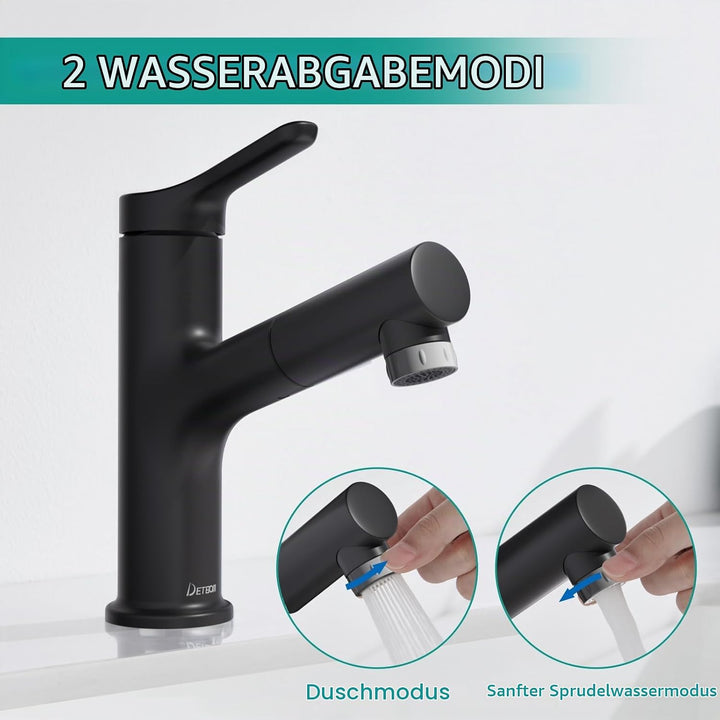 DETBOM Wasserhahn Bad mit Ausziehbar Brause, Armatur Badezimmer mit 2 Strahlarten, Einhebelmischer W