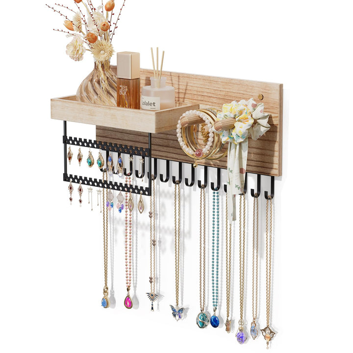 Lolalet Hängeschmuck Organizer, Hölzerne Schmuckaufbewahrungsregal mit 15 Haken, Wandmontierte Halsk