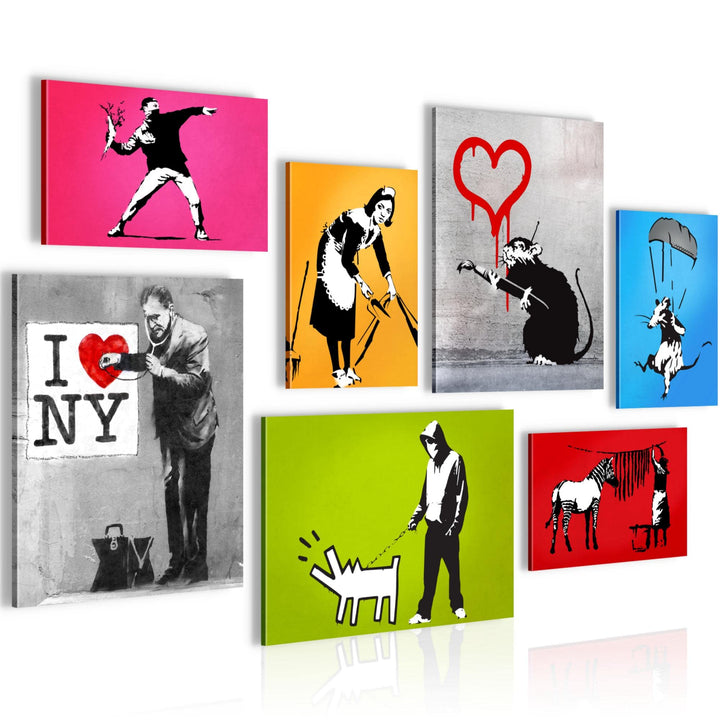 Novart Wandbilder Banksy Collage - KOMPLETT AUFHÄNGFERTIG - Bunt Wohnzimmer Büro - 7 Moderne Mood-Bi