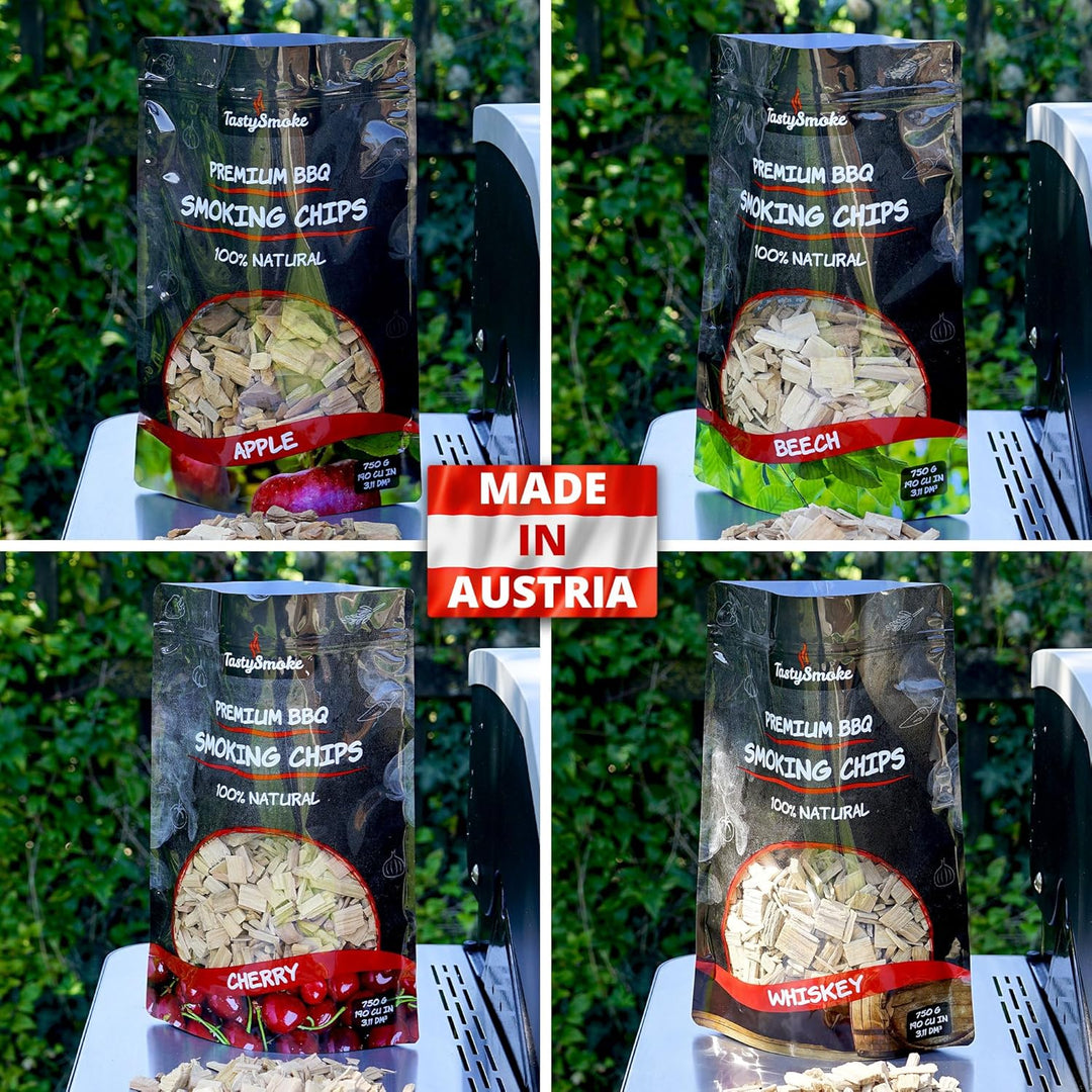 Hochwertige Räucherchips 4er Set – Naturbelassene Holzchips aus Apfel, Buche, Kirsche & Eiche – Perf
