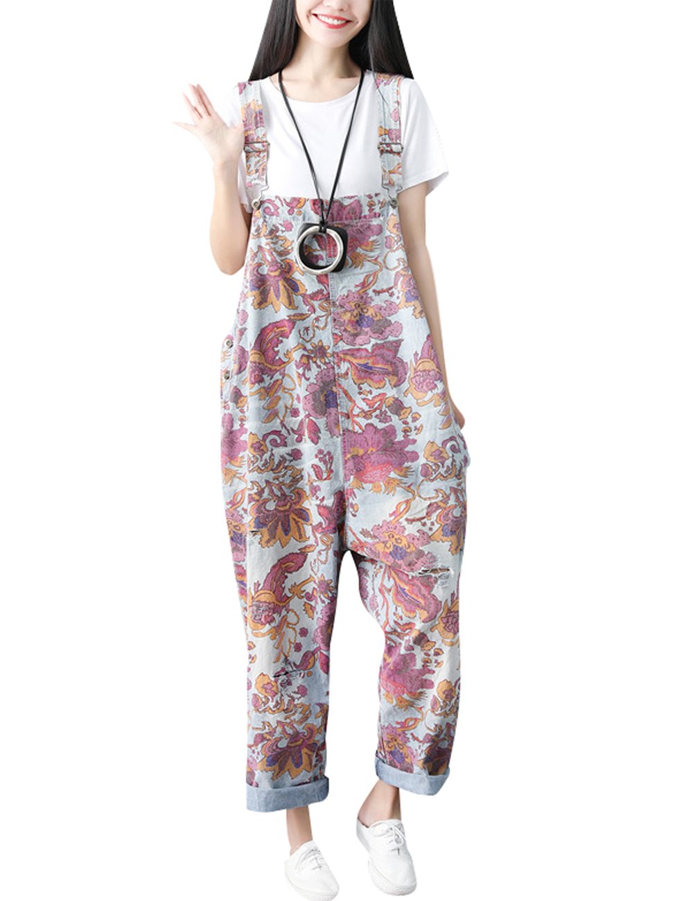 Youlee Damen Gedruckt Riemchen Overalls Casual Strampler Denim Latzhose Einheitsgrösse Stil 1, Einhe