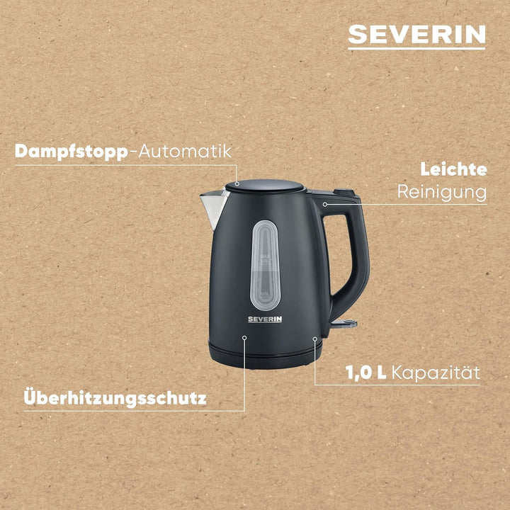 SEVERIN Wasserkocher 1L, leistungsstarker und kompakter Edelstahl Wasserkocher in hochwertigem Desig