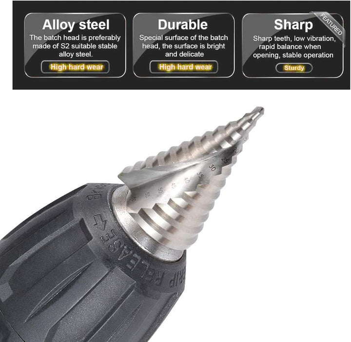 Hotiko HSS Stufenbohrer [12mm Schaft] Kegelbohrer Ø 6-60mm Schälbohrer ideal für Metall, Holz, Kunst