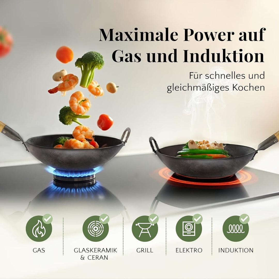 pasoli handgehämmerter Wok inkl. gratis Rezepte eBook - traditionelle Asiapfanne - Bratwok aus Carbo