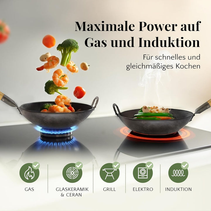 pasoli handgehämmerter Wok inkl. gratis Rezepte eBook - traditionelle Asiapfanne - Bratwok aus Carbo