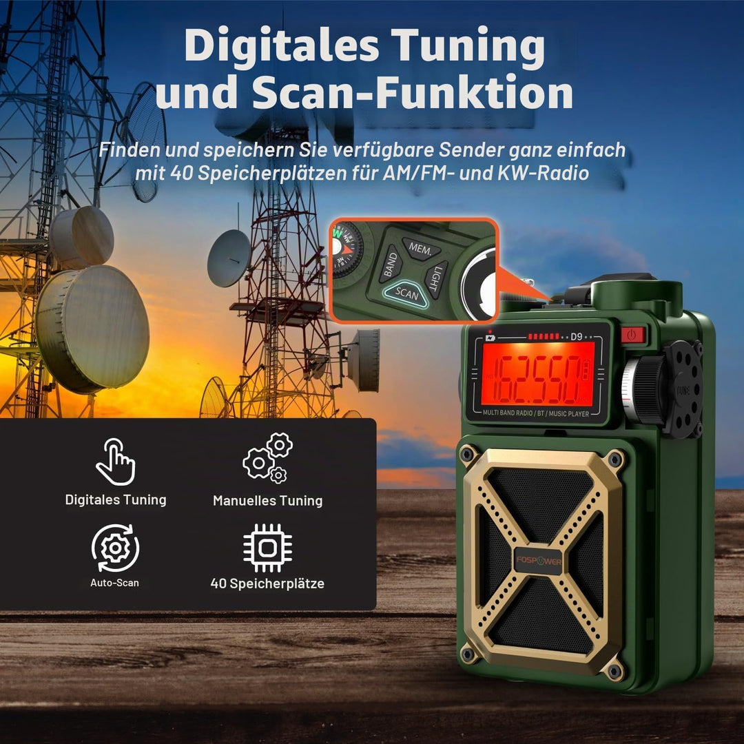 FosPower Solar Crank Radio Model D9 with LCD, Flashlight AM/FM/WB and Bank d'power Supply 4,000 mAh