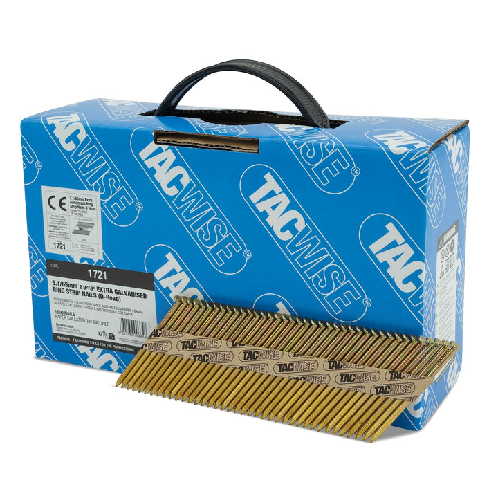 TACWISE 1721 Extra verzinkte Rahmennägel, 3,1/65 mm, D-Kopf, Ringschaft, 34°-Neigung, papiergebunden