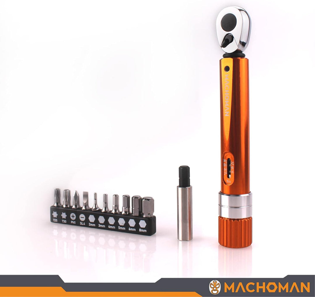 MACHOMAN 1/4" Dr. Taschen-Drehmomentschlüssel 2-14 Nm, Fahrradzubehör mit 10-Bit-Satz und magnetisch