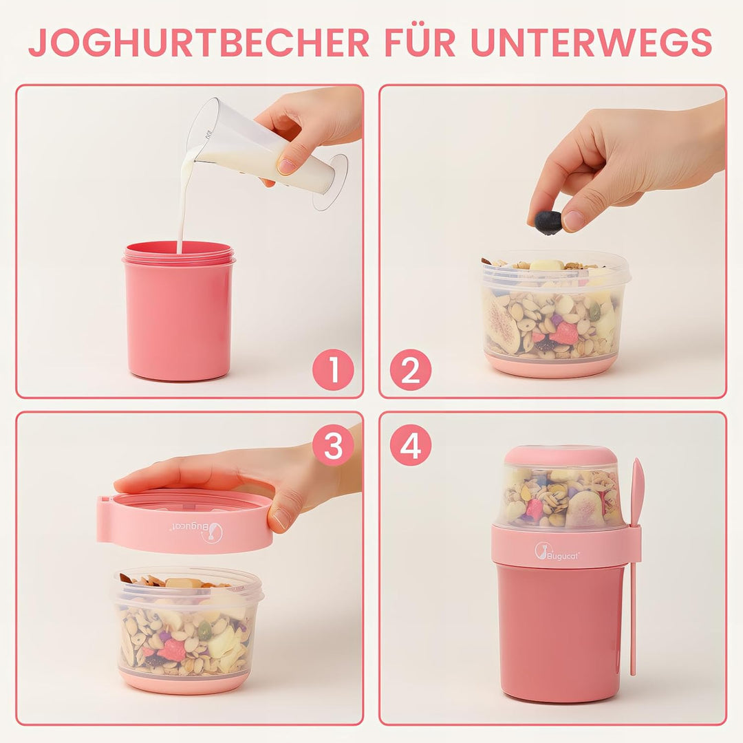 Bugucat 2in1 Müslibecher to Go 560ml+310ml, Praktischer Joghurtbecher & Müslibecher für Picknick 2er