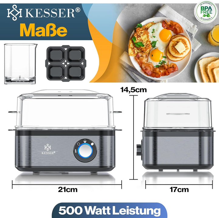 KESSER® Eierkocher für 1 bis 8 Eier elektrisch aus Edelstahl 500W & Warmhaltefunktion | LED-Drehscha