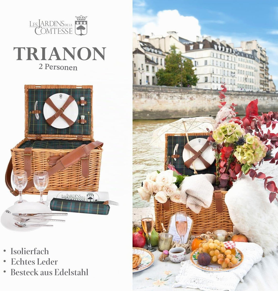 Les Jardins de la Comtesse - Picknickkoffer Trianon Grün - Lederriemen - Komplett Für 2 Personen - K