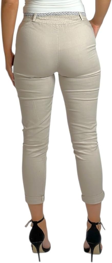 Mississhop Damen Baumwolle Klassische Chino Hose mit Gürtel L Beige, L Beige