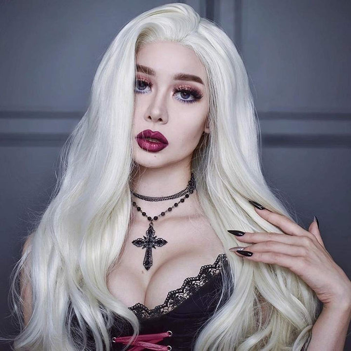 Morvally 61 cm lange Welle 60# Platinum White Glueless Lace Front Wig Natural Straight Heat Resistan