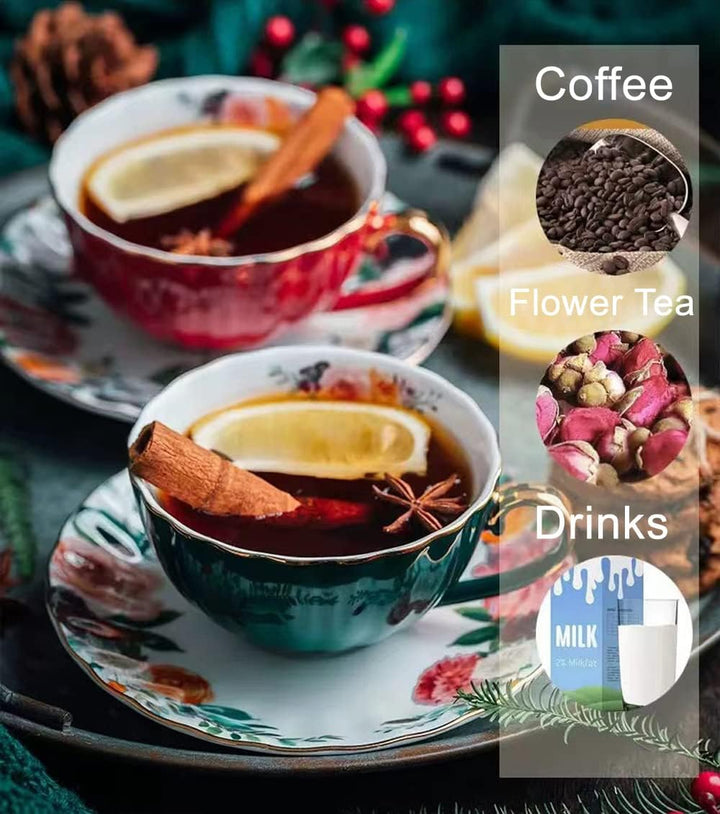 Porzellan Teetasse mit Untertassen und Löffel, 2 Satz von 8 oz Floral Kaffeetasse mit Goldrand Halte