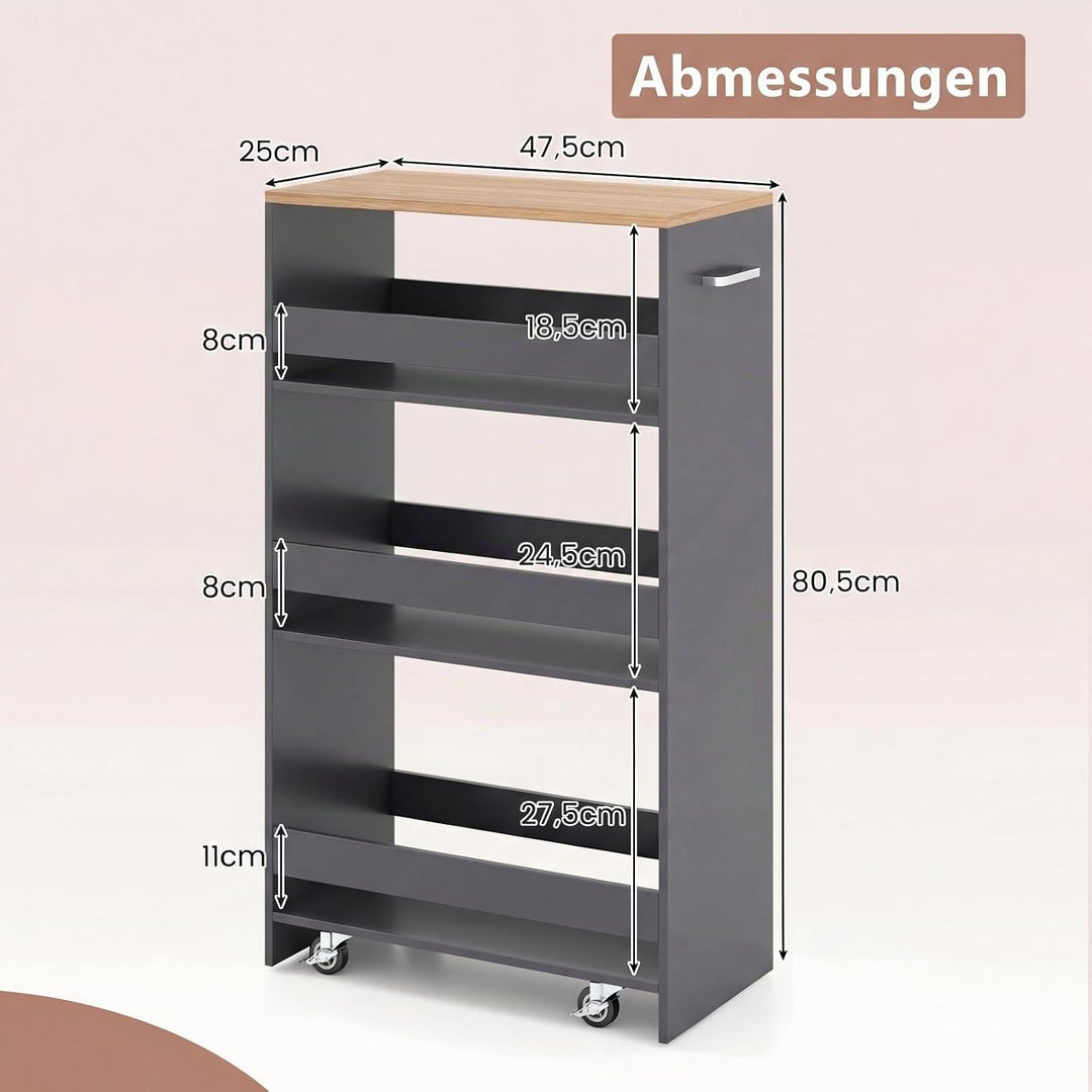COSTWAY Nischenwagen 25cm breit, 4 Etagen Küchenwagen schmal, Nischenregal auf Rollen, Servierwagen