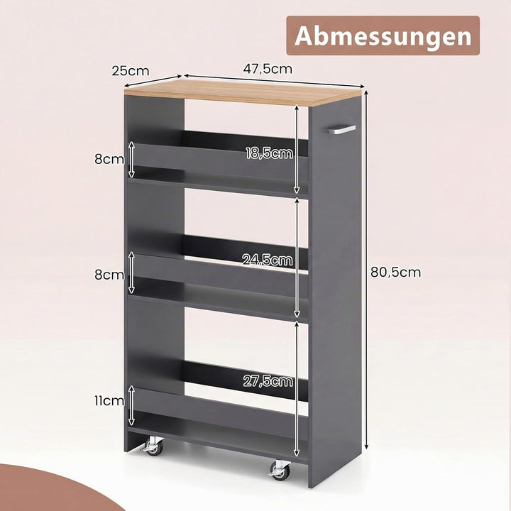 COSTWAY Nischenwagen 25cm breit, 4 Etagen Küchenwagen schmal, Nischenregal auf Rollen, Servierwagen