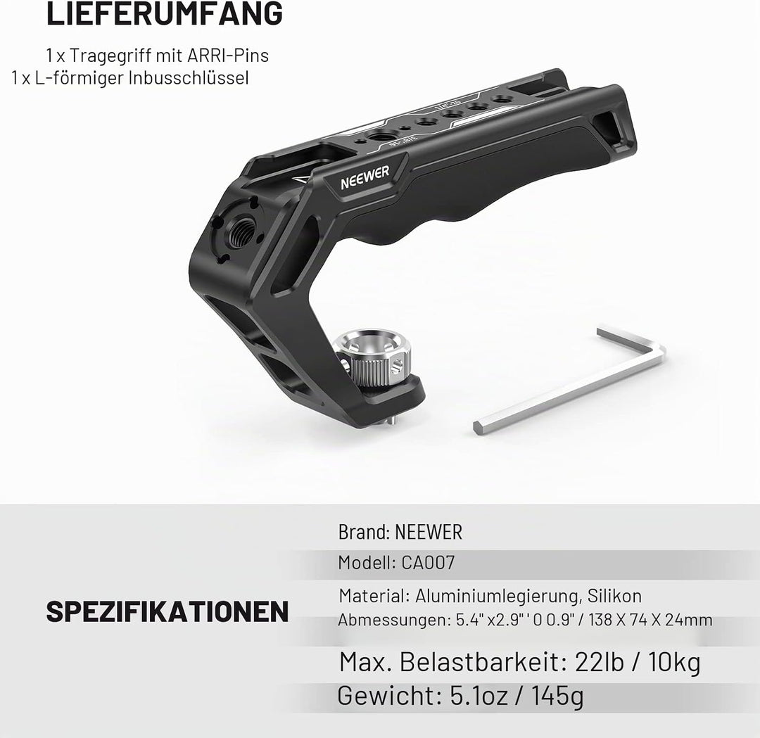 NEEWER Top Handle Oberer Kameragriff mit 3/8" ARRI Locating Schraube, komfortabler Silikongriff mit